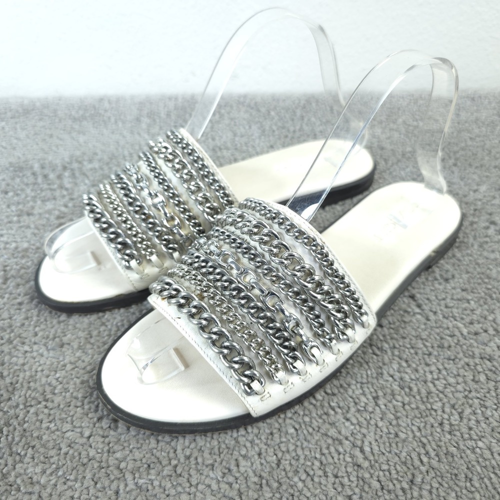 Coach Hayden Flat Sandal Womens Size 8 Beige Leather Silver Chain Slide G3978